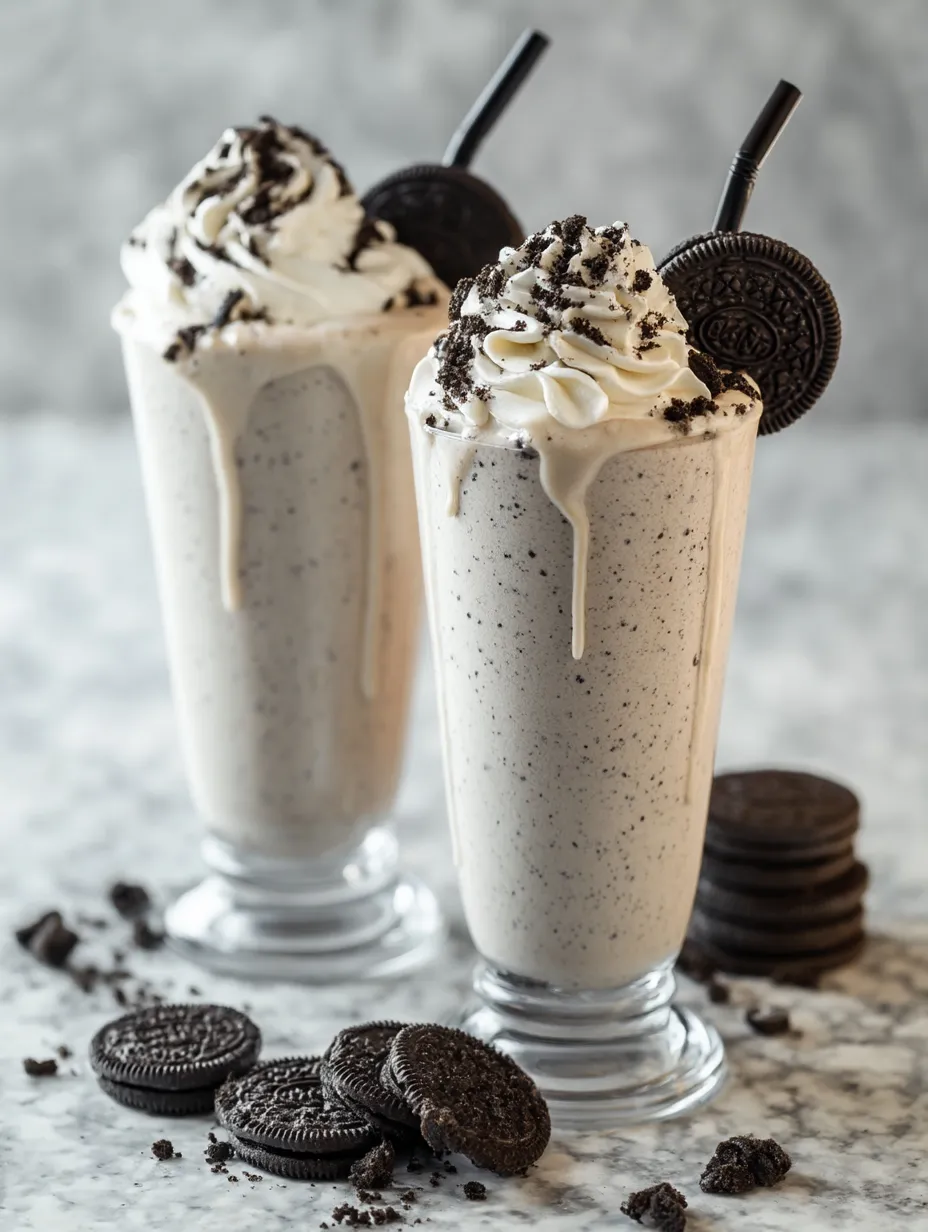 Two glasses of milkshakes with cookies on the side.