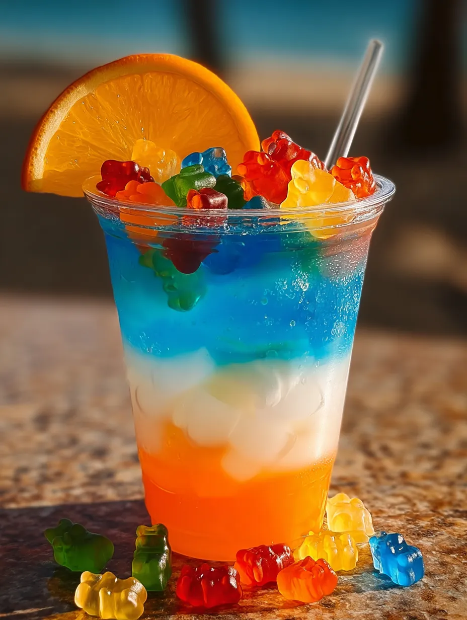A cup loaded with punch and candy gummies floating on top.