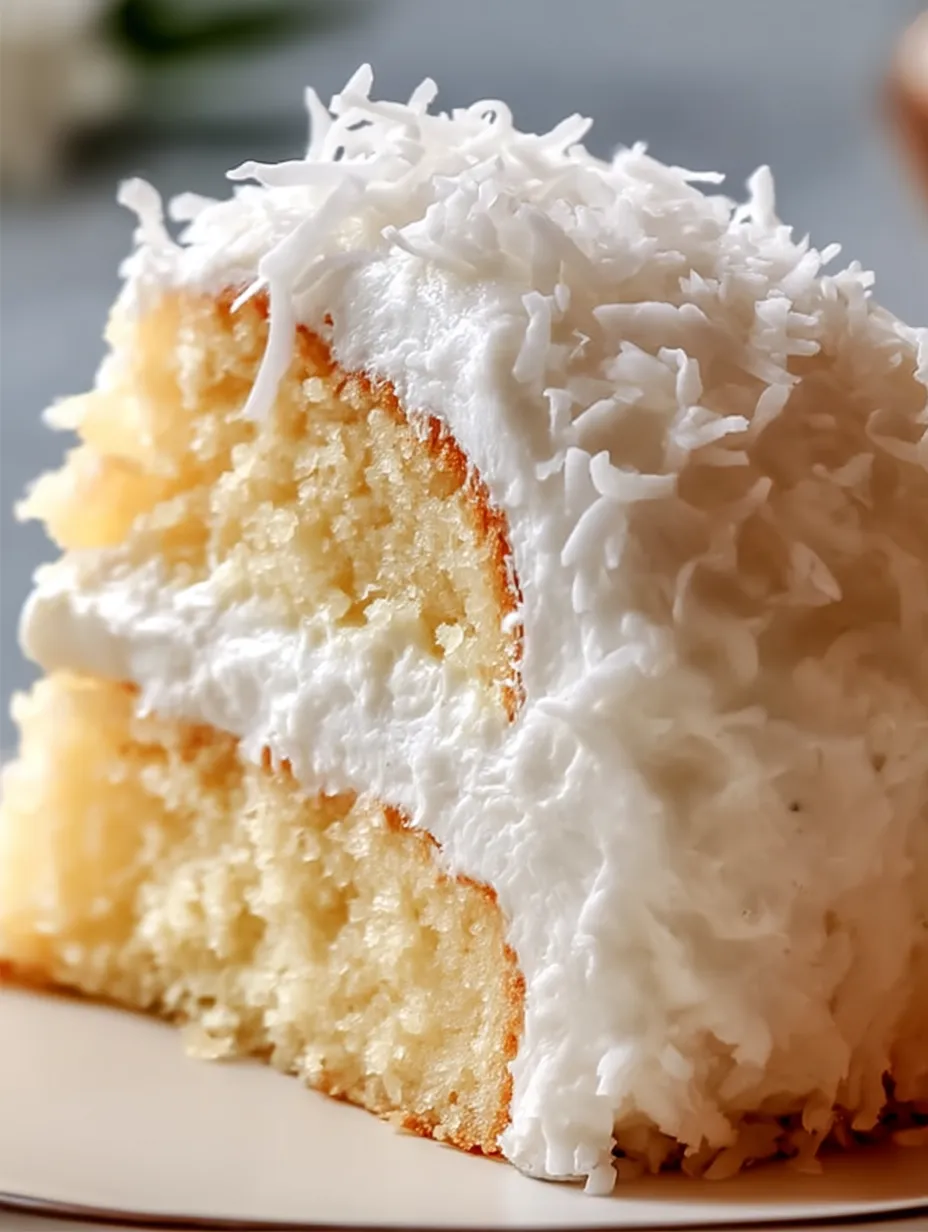 A slice of cake with white frosting and coconut on top.