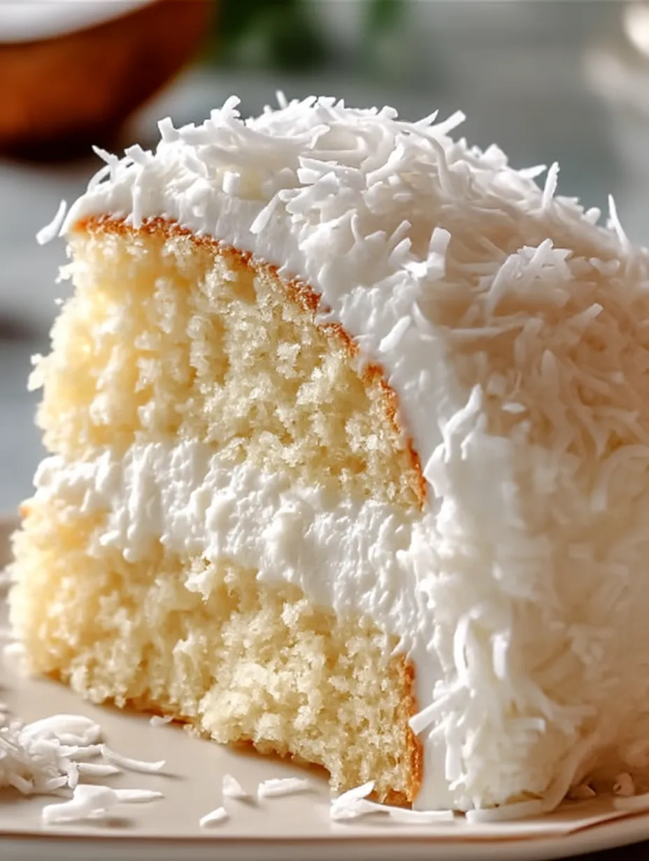 A yummy slice of cake with white frosting and coconut on top.