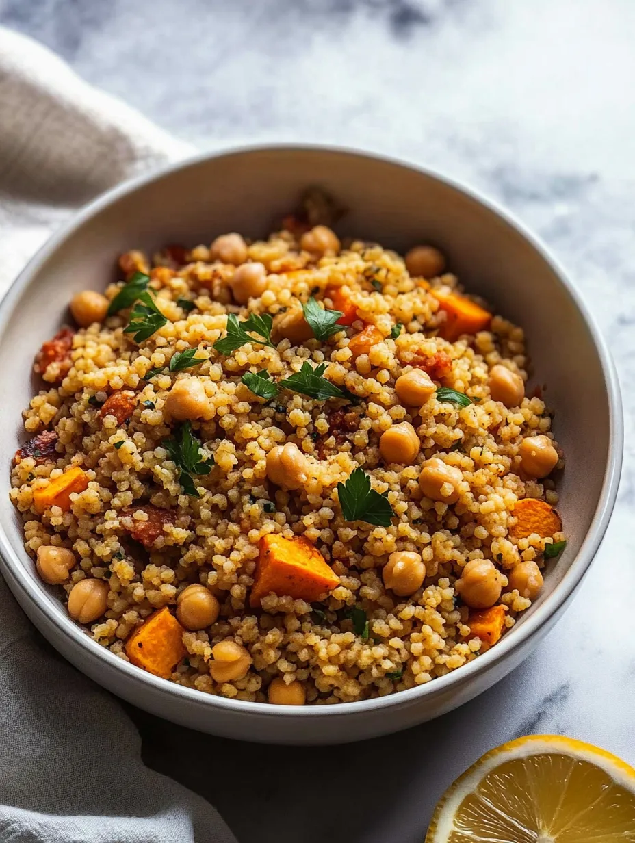 A big colorful mix of couscous, veggies, and chickpeas.