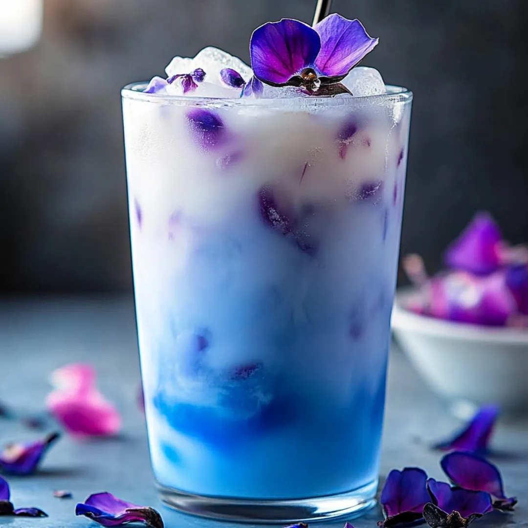 Tall cup with blue latte and purple flowers on top.