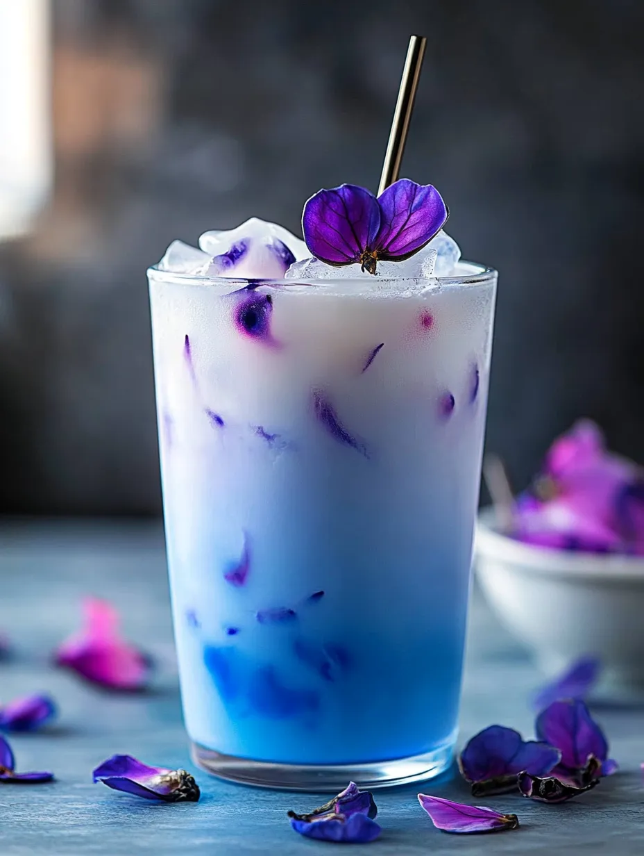 A clear glass holds a blue drink with purple blossoms.