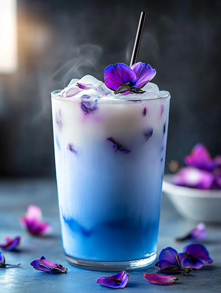 A clear glass holds a blue drink with purple blossoms.