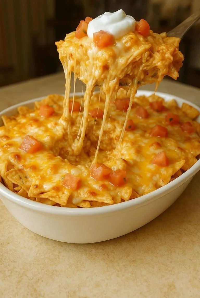 A bowl of nachos with cheese and tomatoes.