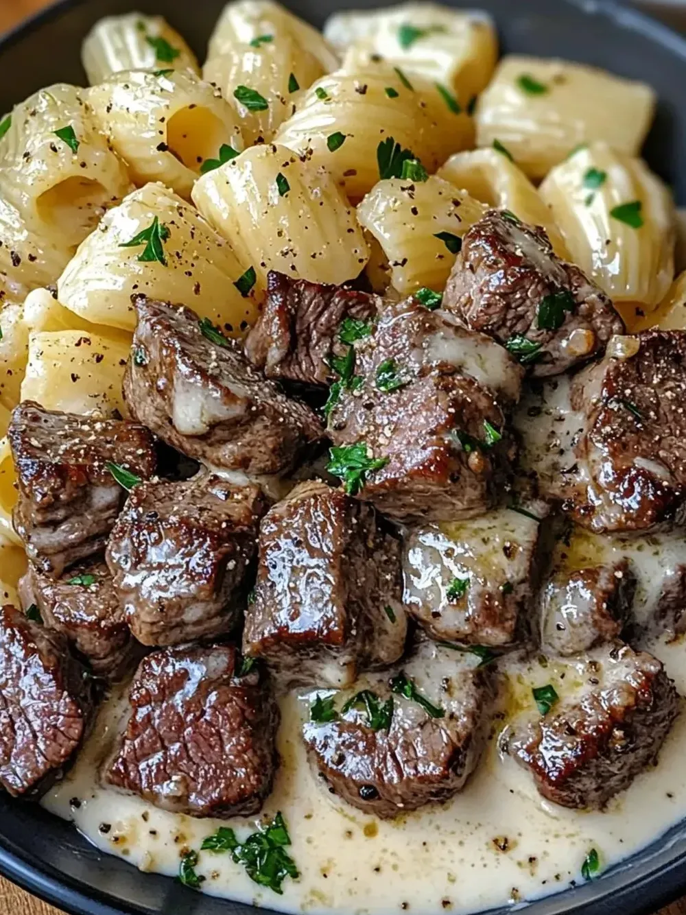 A plate of pasta with meat on top.