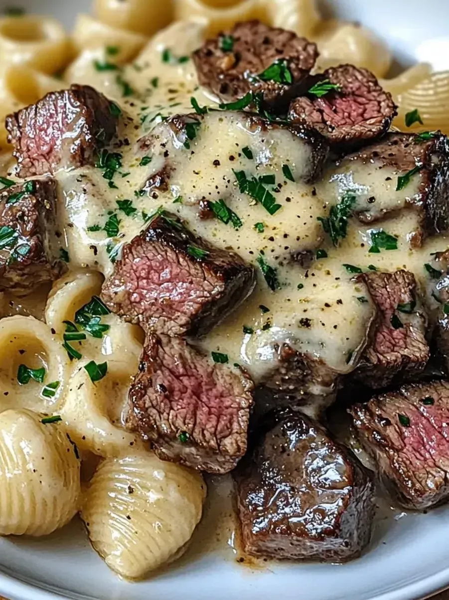 A plate of pasta with meat on top.