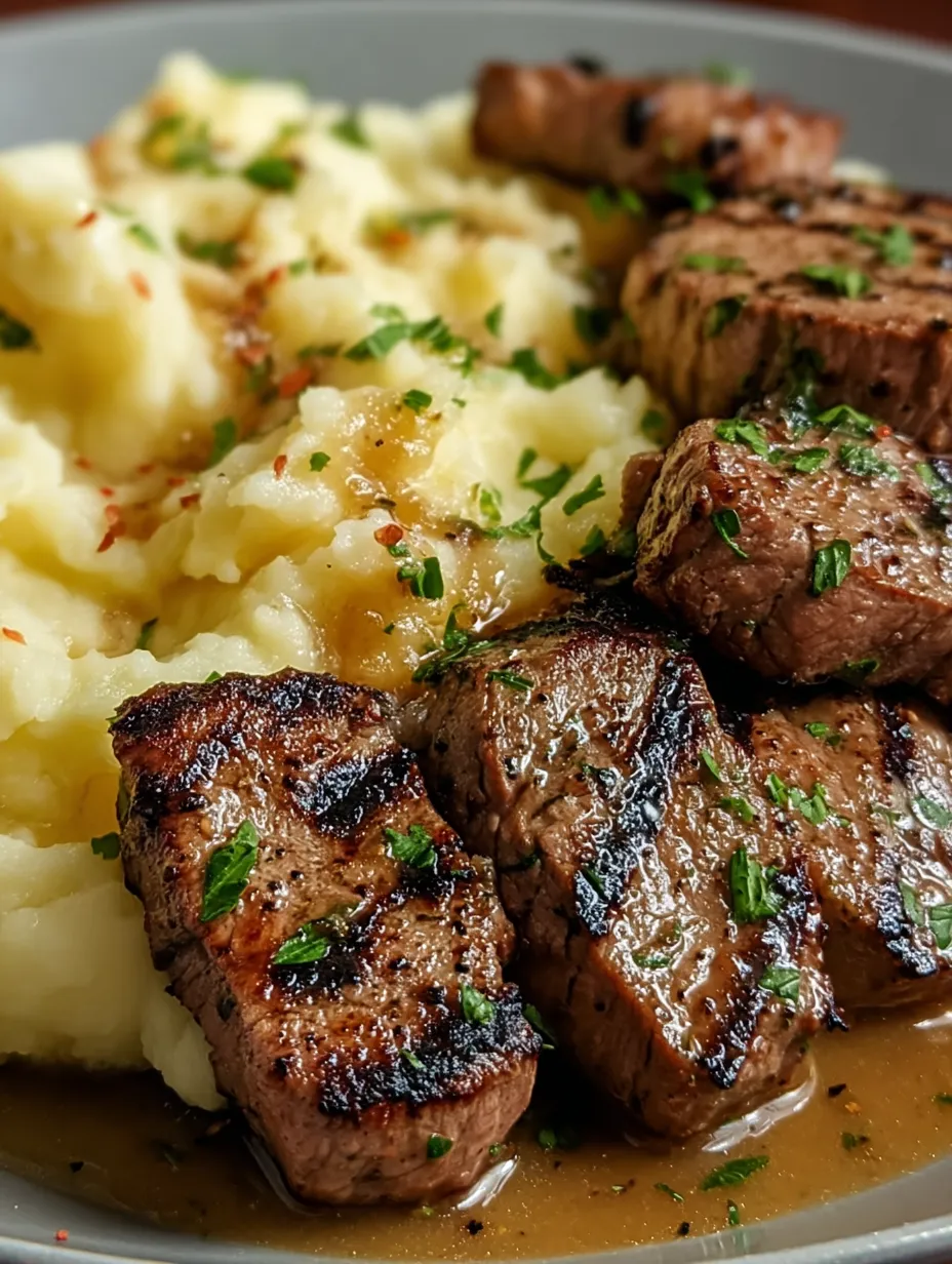 A plate with juicy beef chunks served over creamy potatoes.