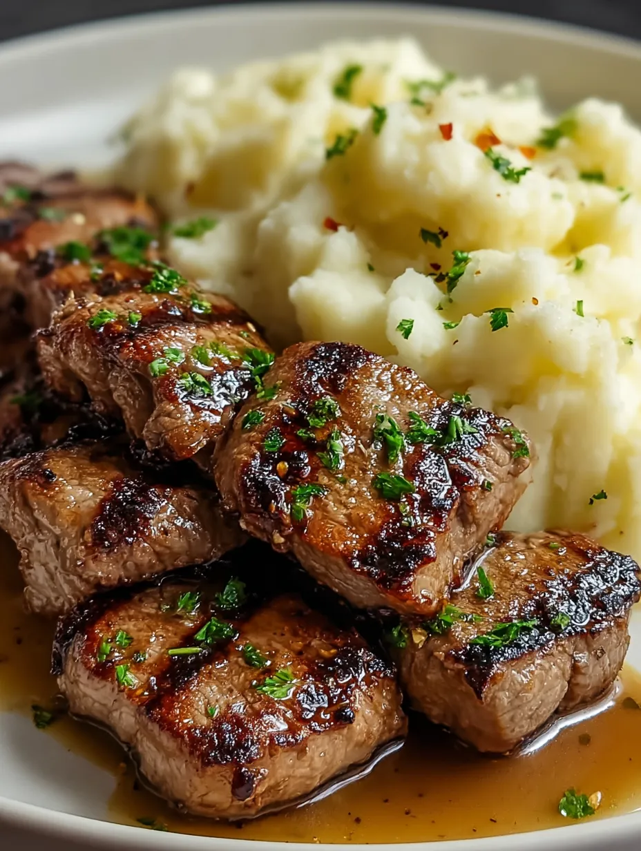 Juicy beef bites nestled alongside creamy mashed potatoes.