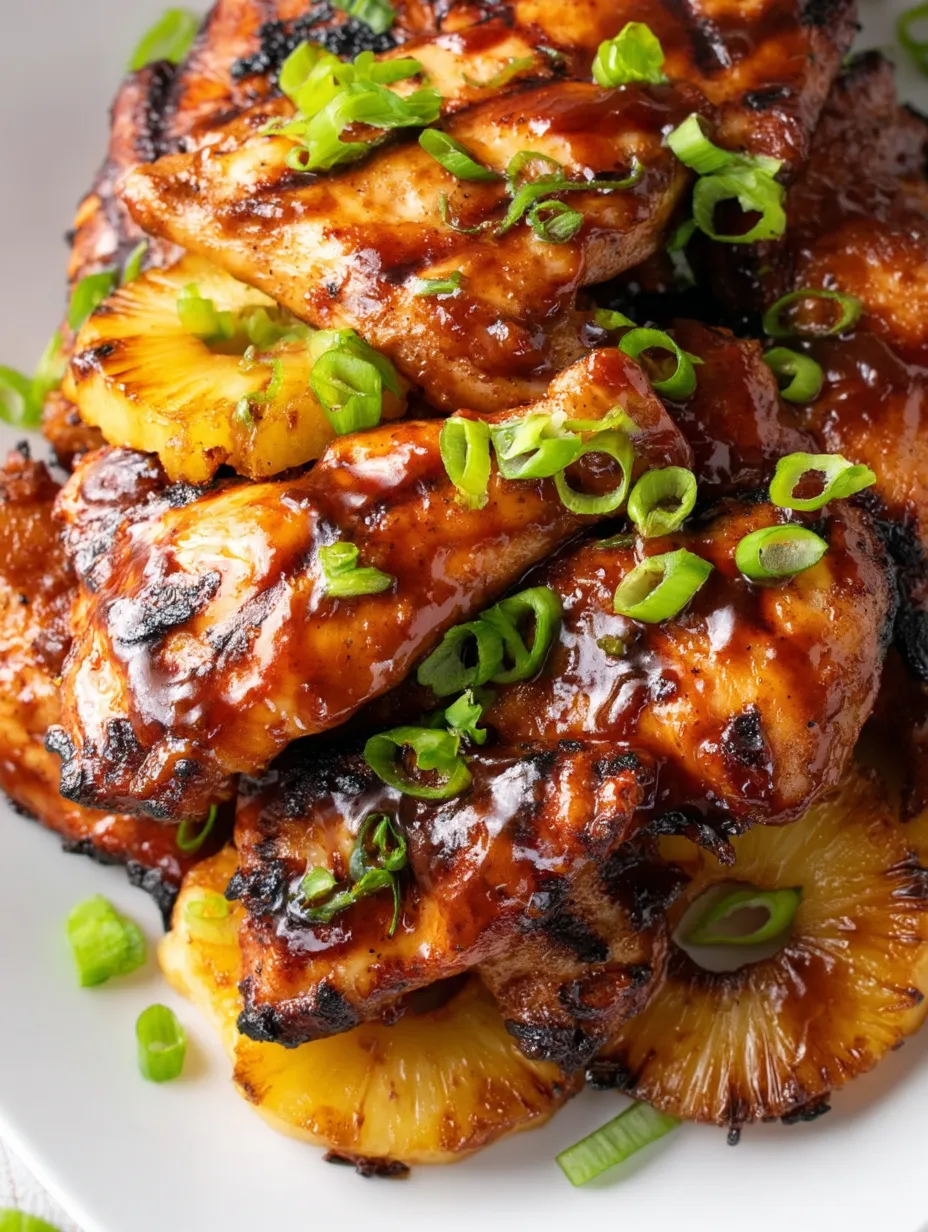 A plate of grilled chicken with pineapple.