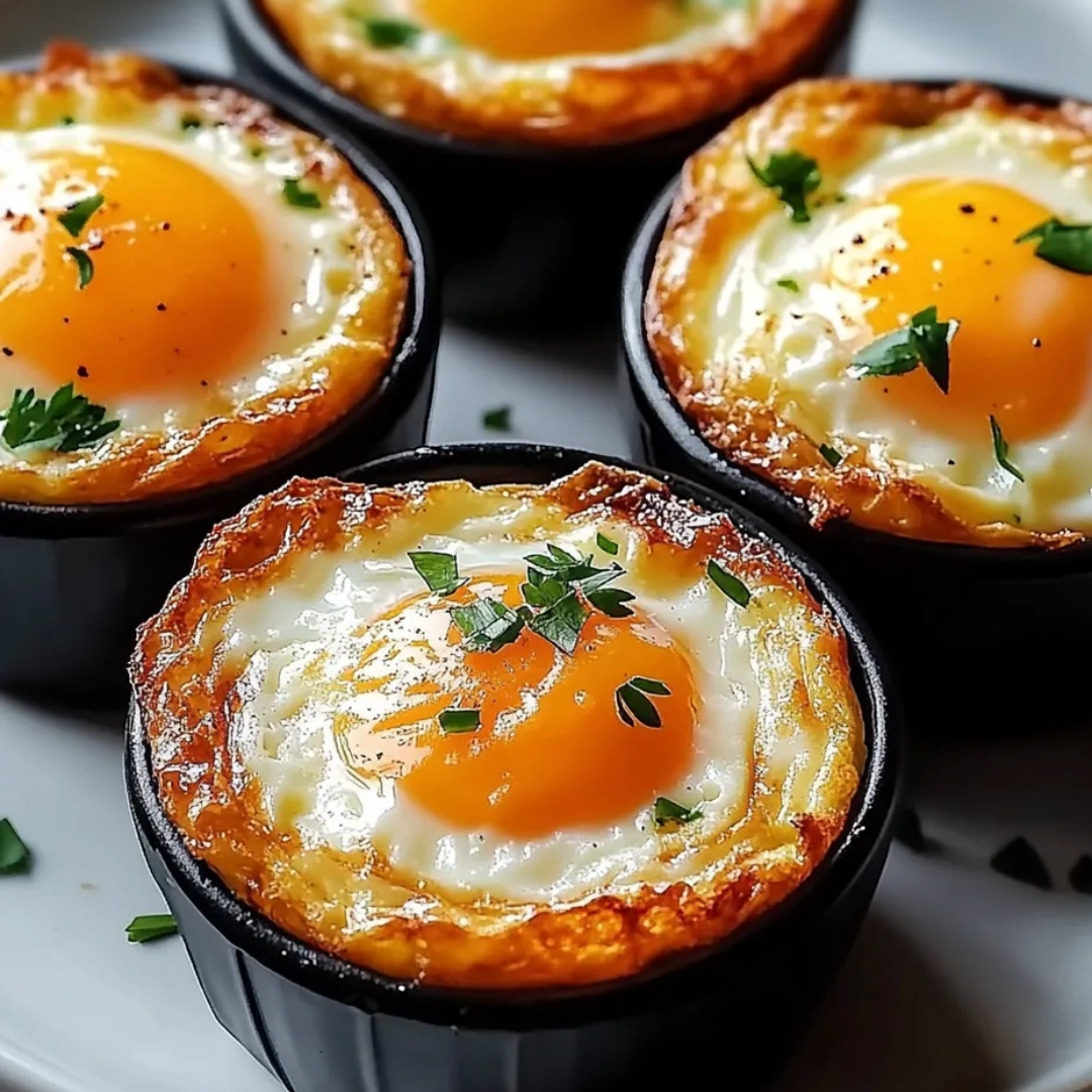 Four small black bowls with eggs in them.