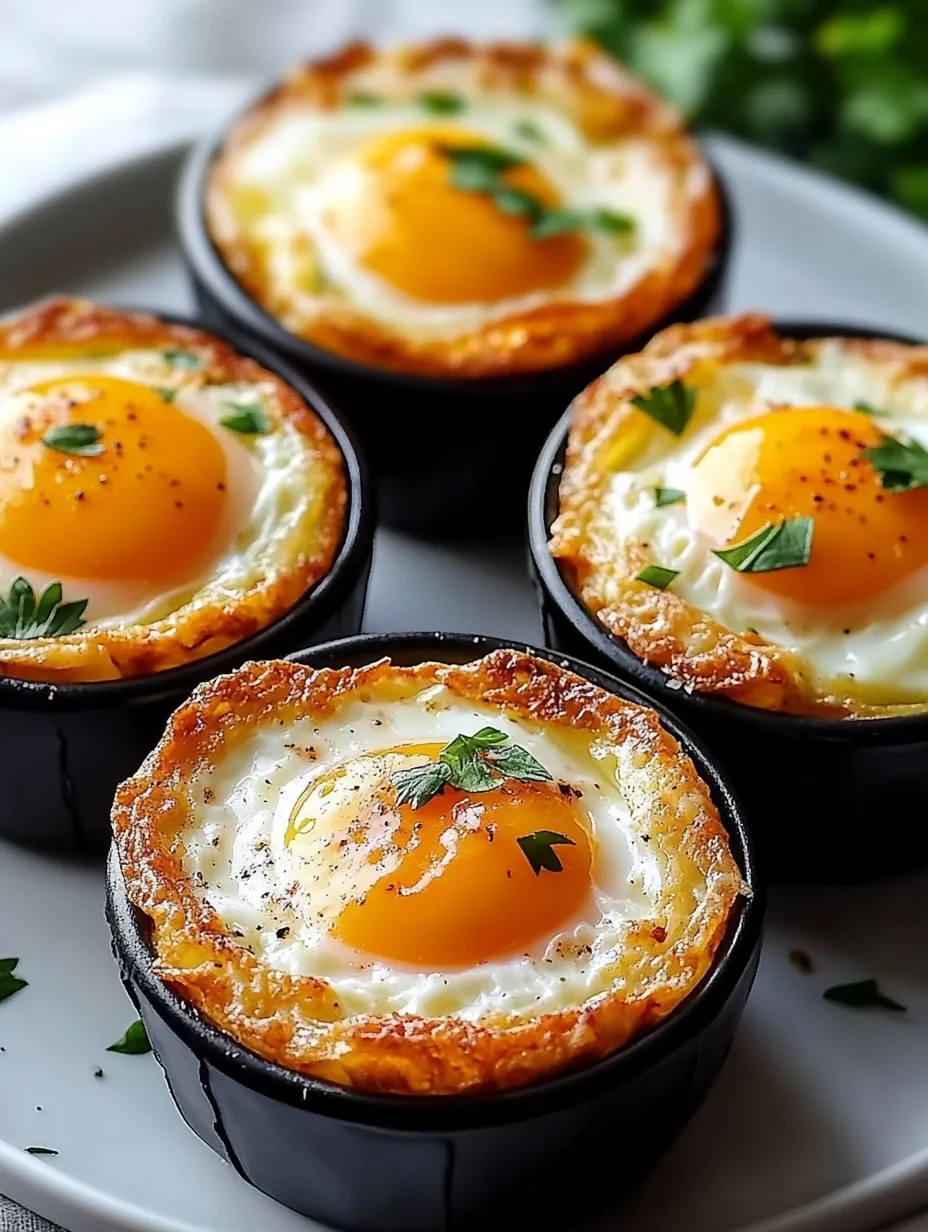 Four small black bowls with eggs in them.