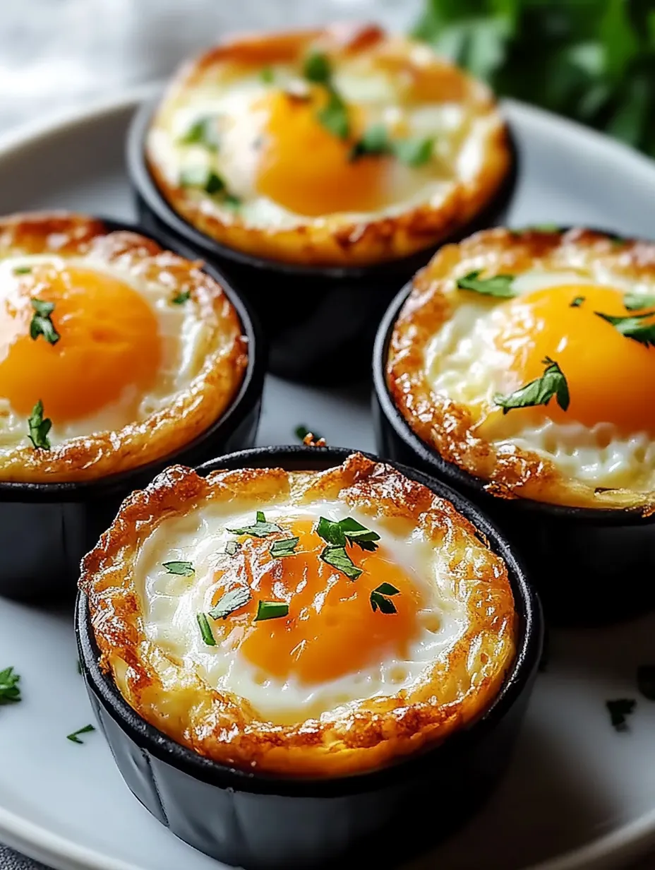 Four small black bowls with eggs in them.