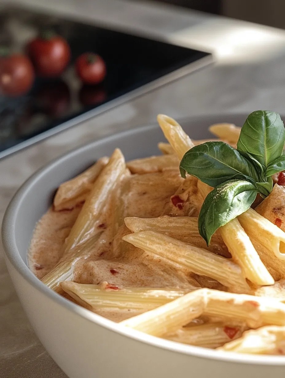 A bowl of pasta with a green leaf on top.