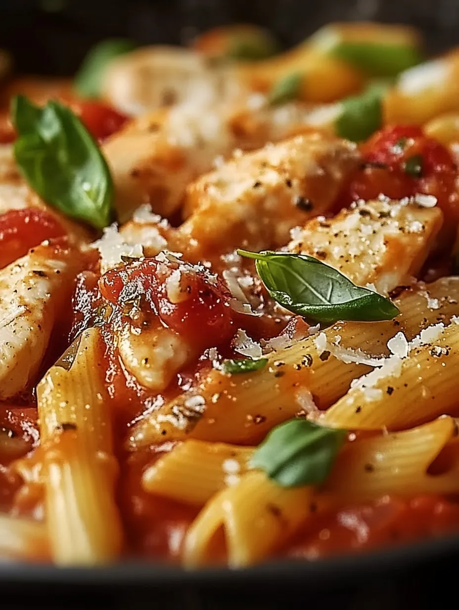 A plate of pasta with chicken and tomatoes.
