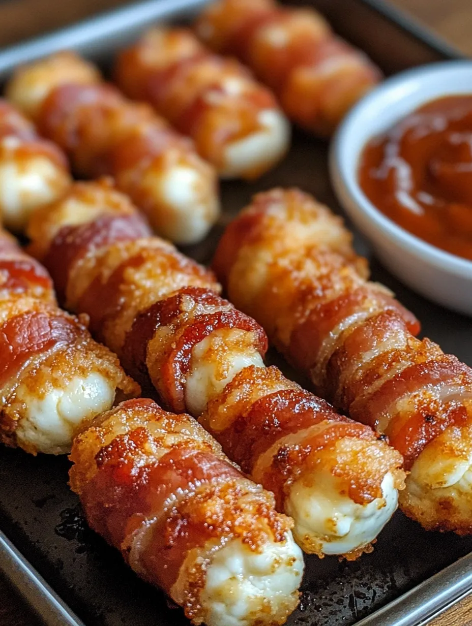 Bacon wrapped cheese sticks with a dipping sauce.