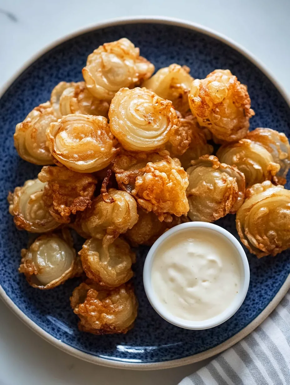 A plate of onion rings with a dipping sauce.