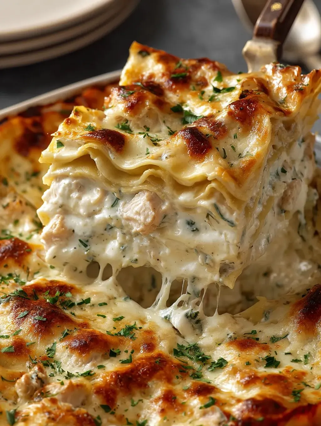 A piece of lasagna with cheese and herbs.