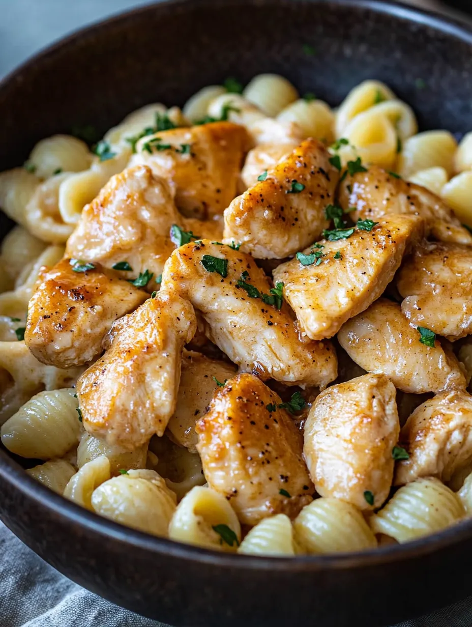 A bowl of pasta with chicken and herbs.