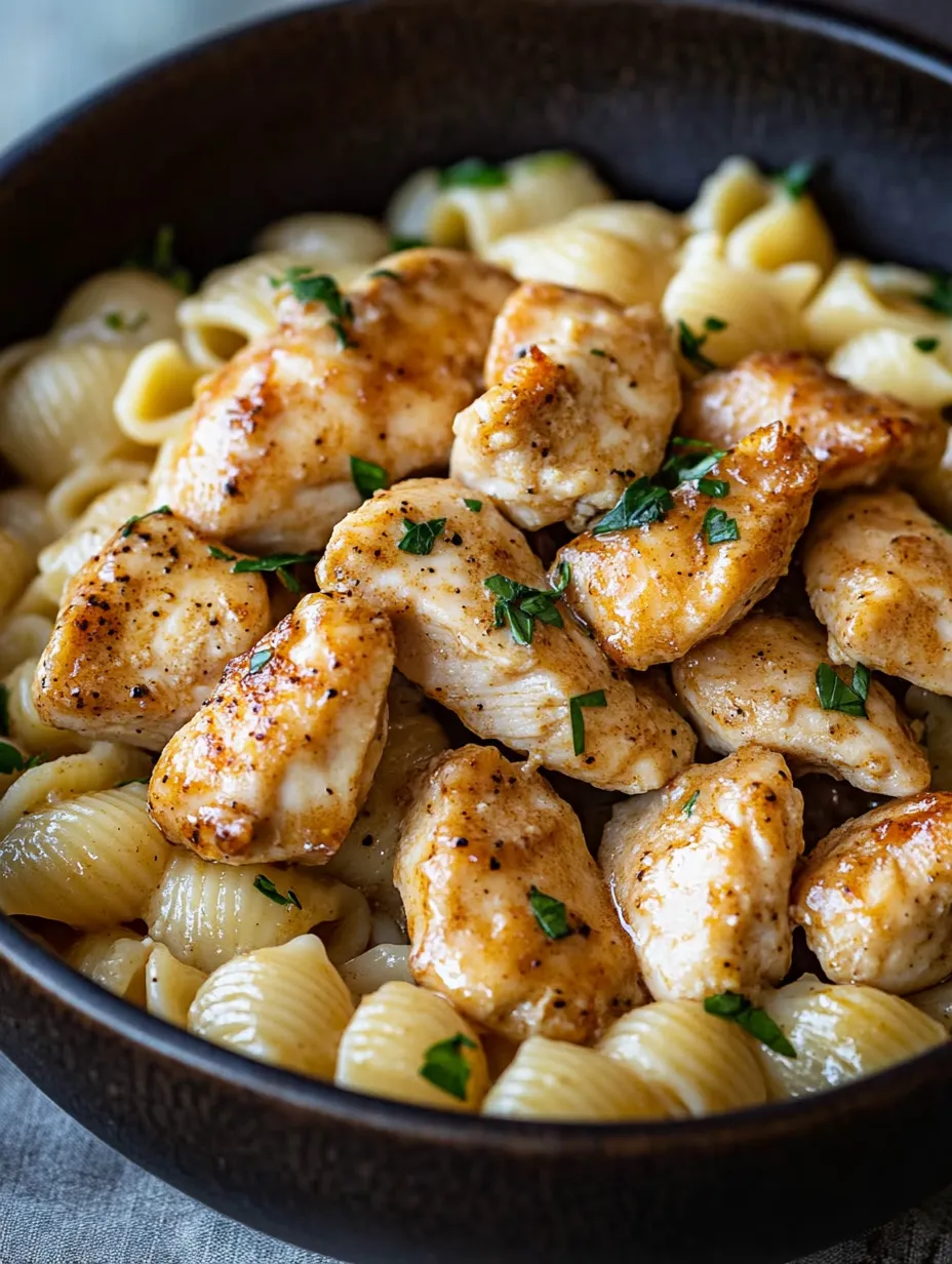 A bowl of pasta with chicken and herbs.