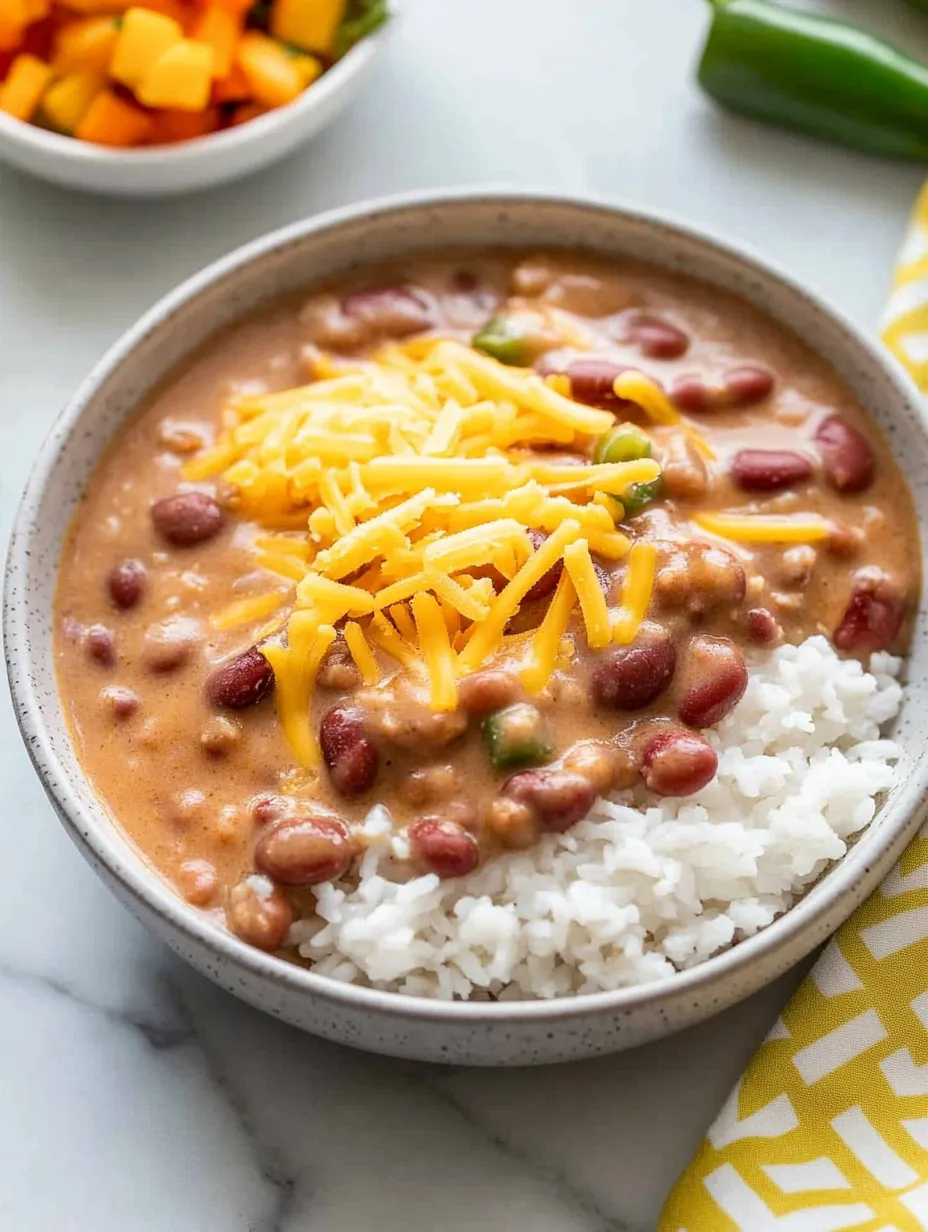 A bowl of beans and rice with cheese on top.