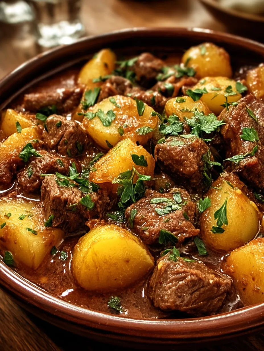 A delicious bowl of meat and potatoes.