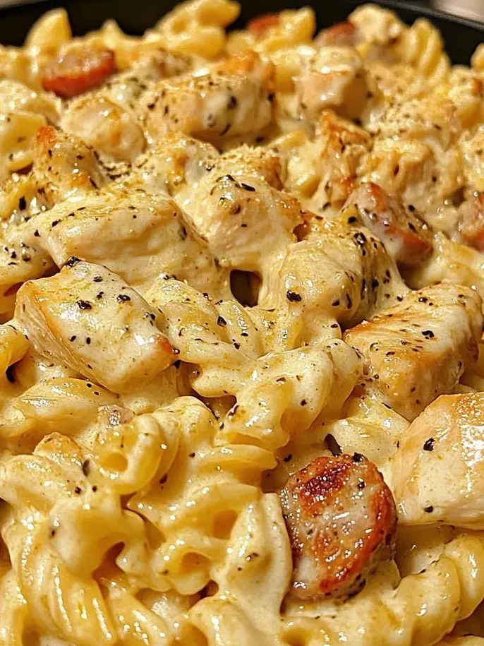 A plate of food with chicken, pasta, and tomatoes.