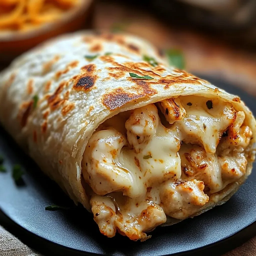 A chicken burrito on a plate.