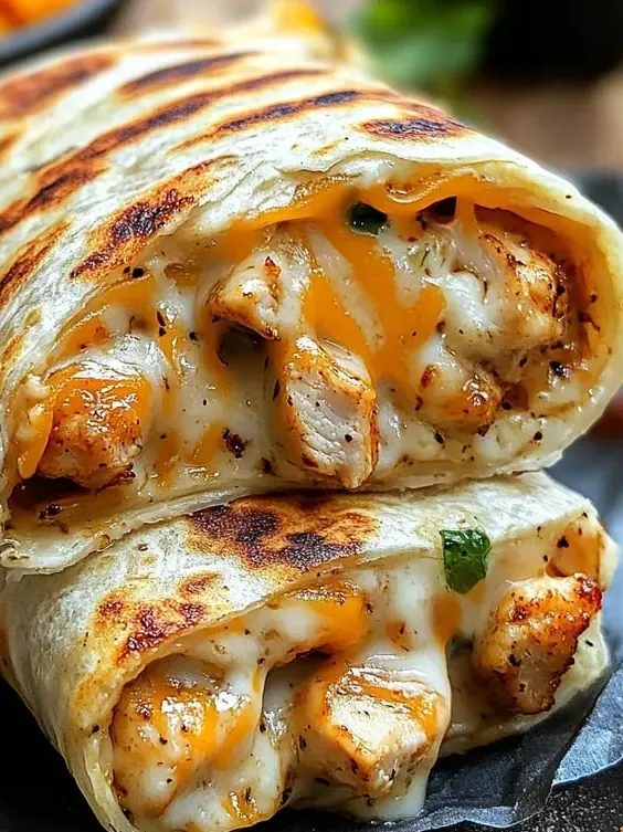 A burrito stuffed with cheesy chicken goodness.