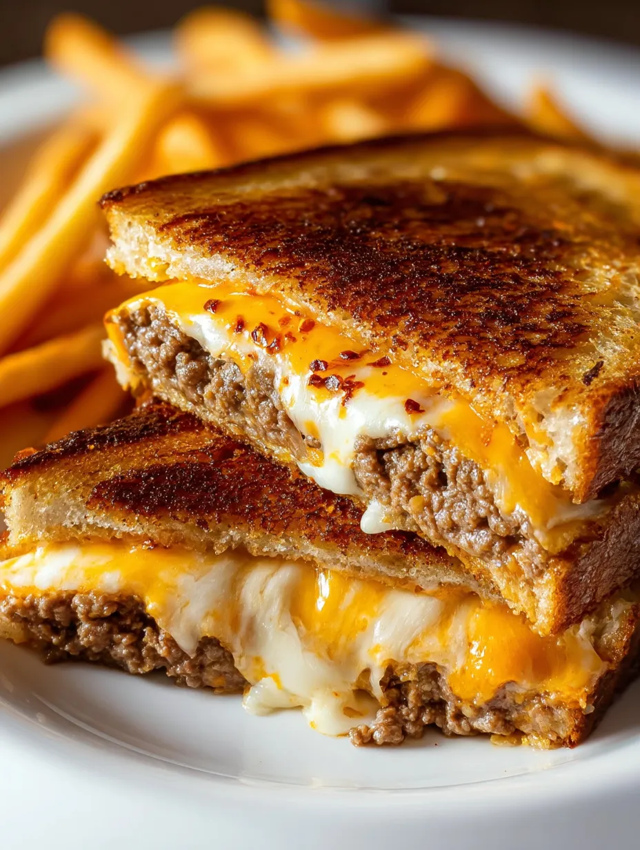 A sandwich with gooey cheese and beef on a plate.