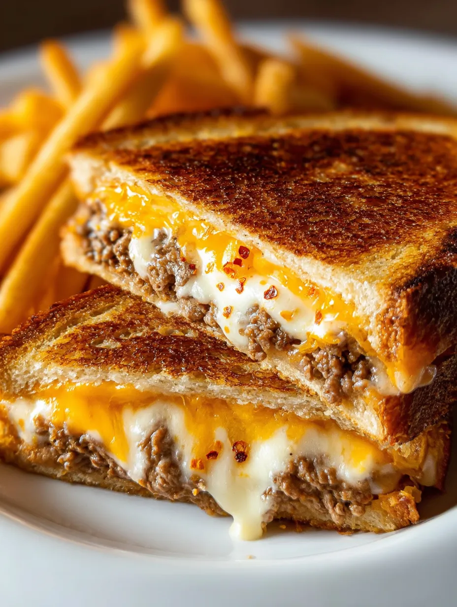 A sandwich with gooey cheese and beef on a plate.