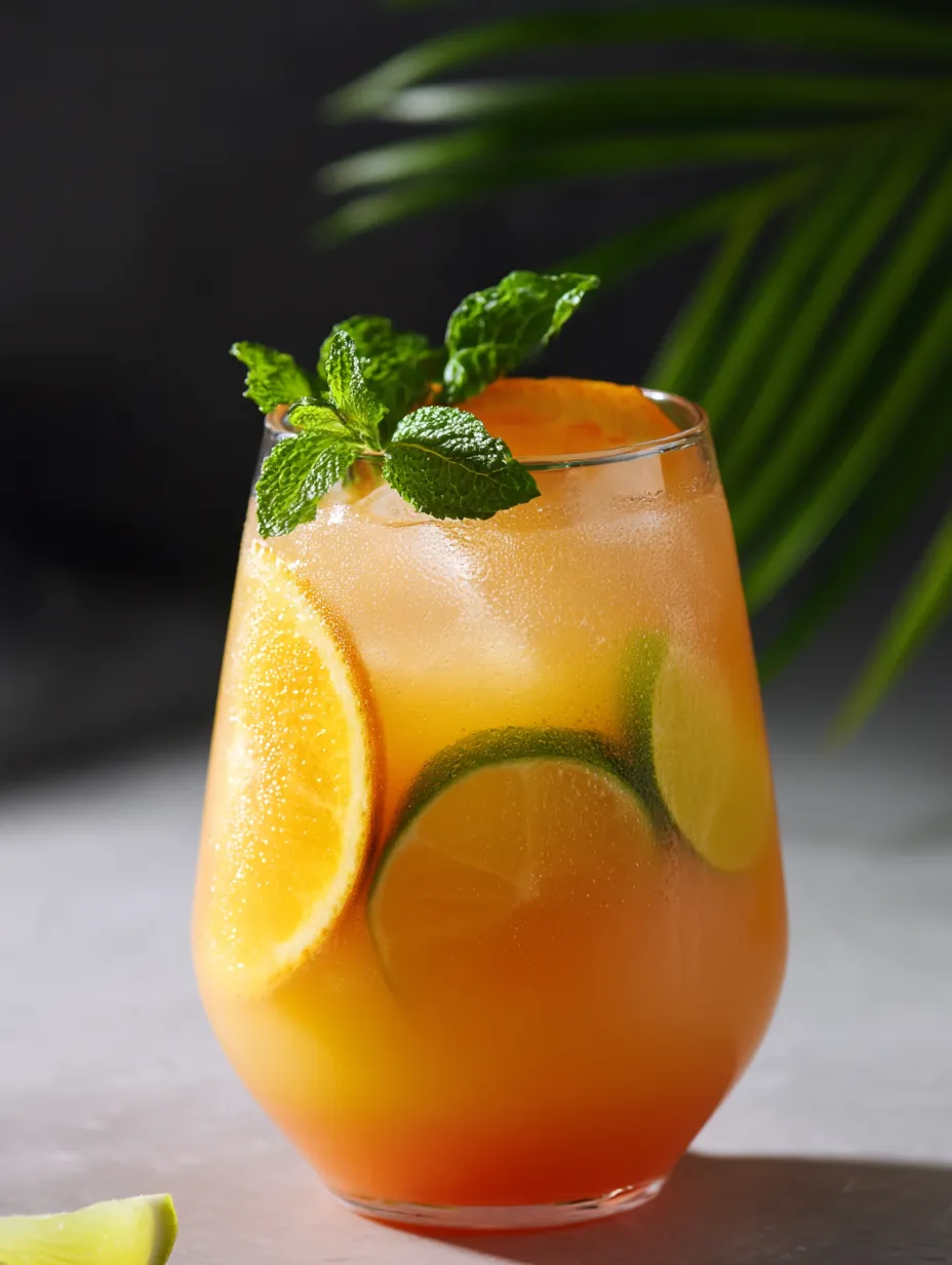 A glass filled with orange juice and sprigs of mint on top.
