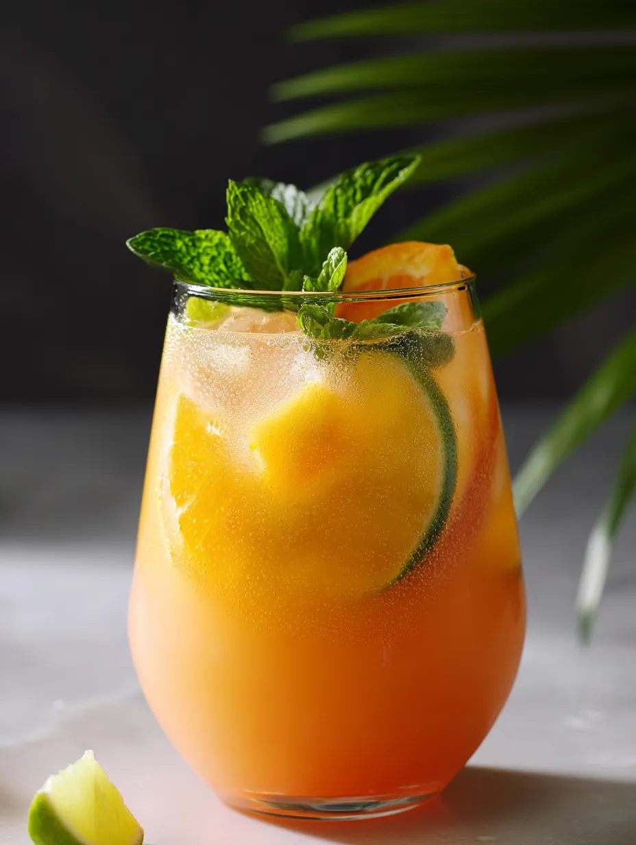 Orange drink with a slice of lemon perched on the rim.