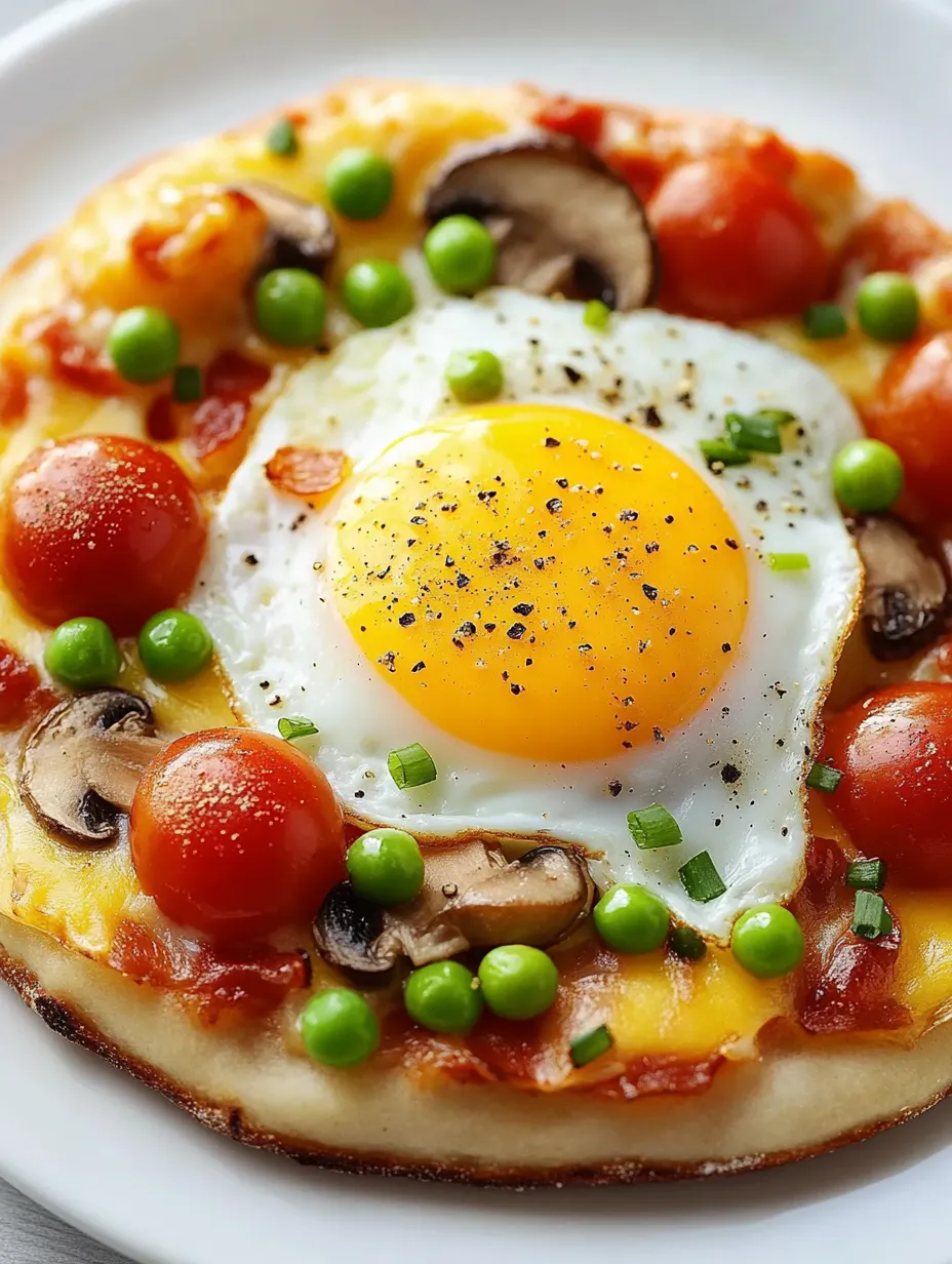 Breakfast pizza loaded with mushrooms, peas, eggs, and juicy tomatoes.