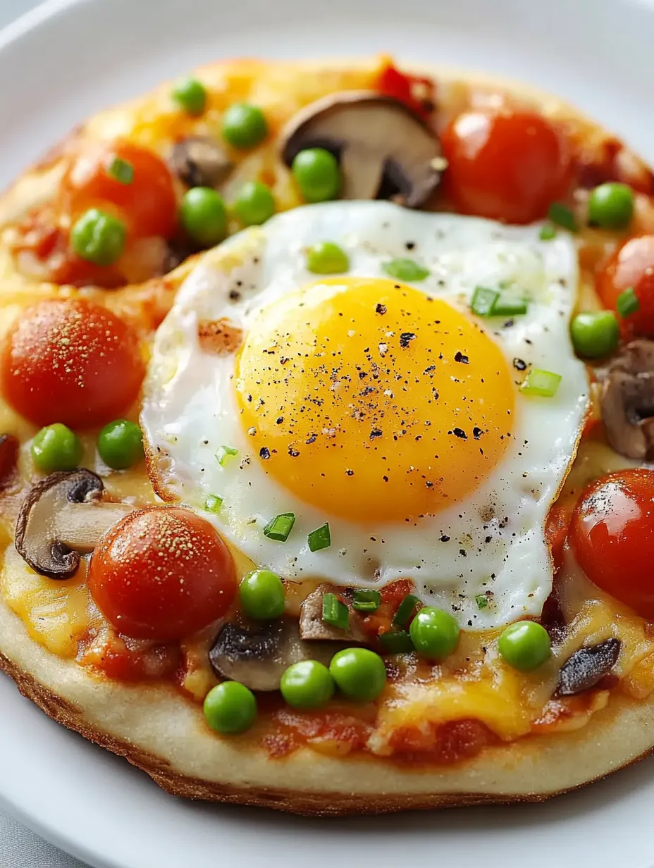An open-faced pizza for breakfast loaded with eggs, tomatoes, peas, and mushrooms.