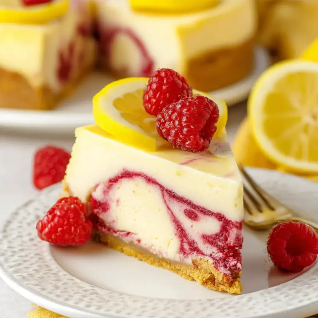 A tangy lemon dessert slice topped with raspberries.