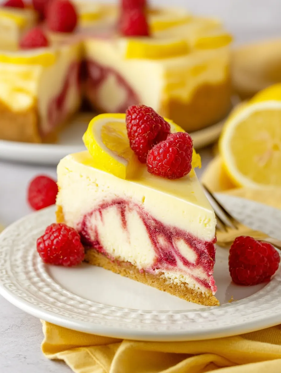 A slice of cheesecake with raspberries on top.