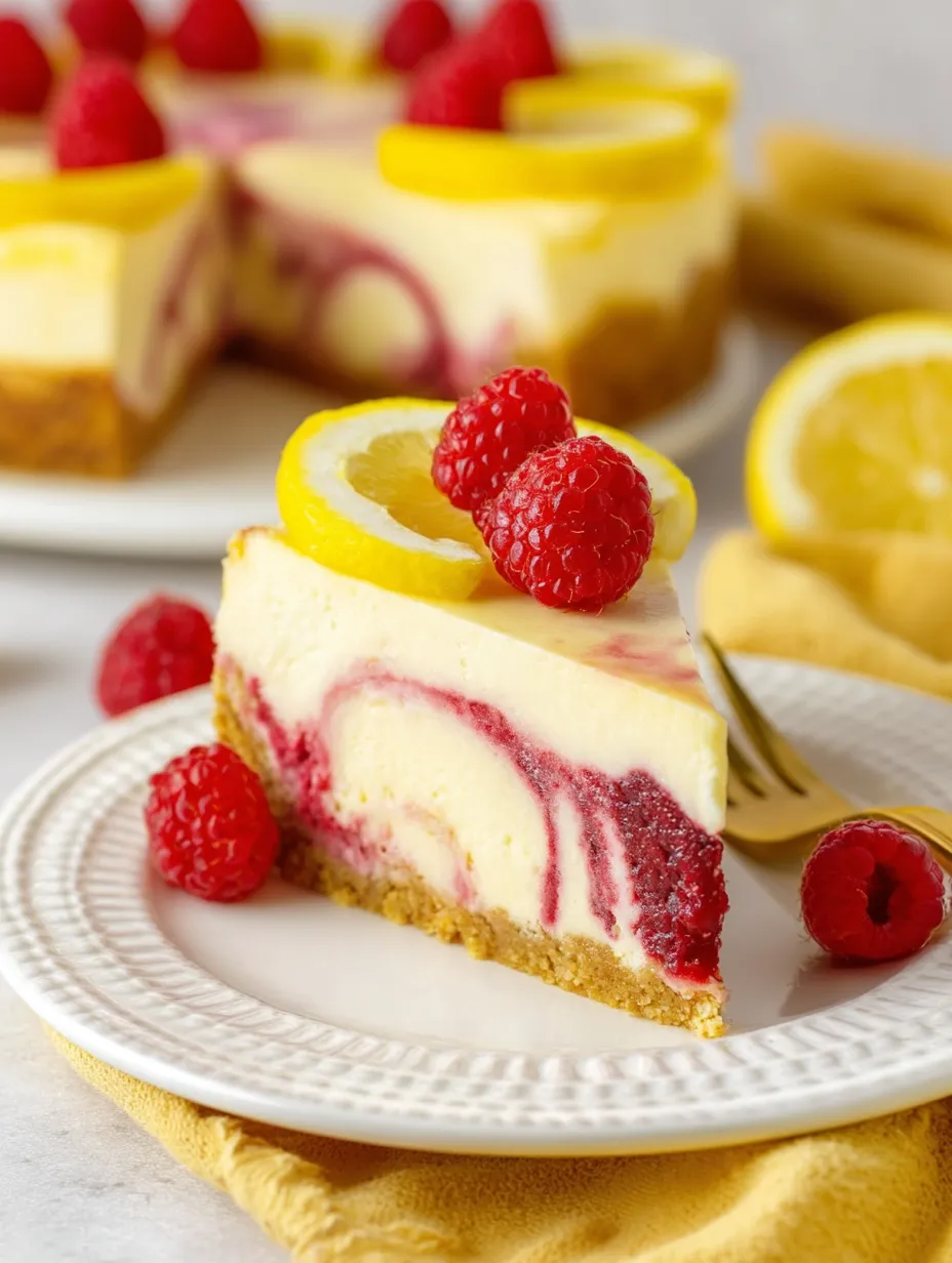 A slice of cheesecake with raspberries on top.