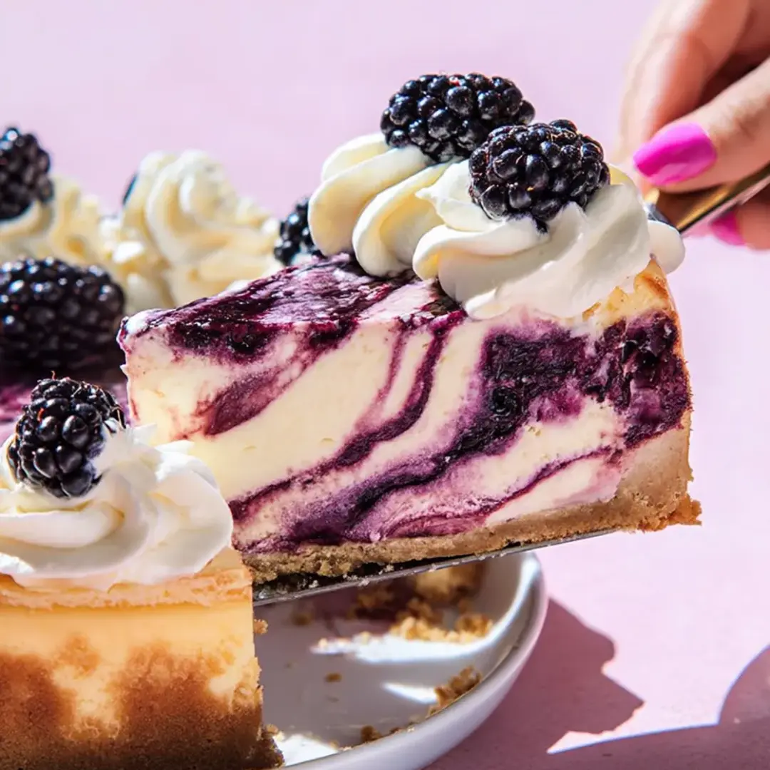 Someone digging into a blueberry cheesecake slice.