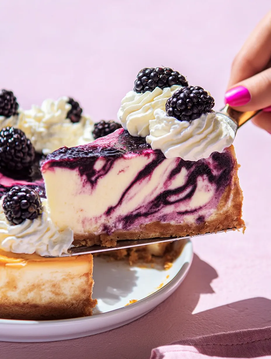 A wedge of cheesecake topped with juicy blackberries.