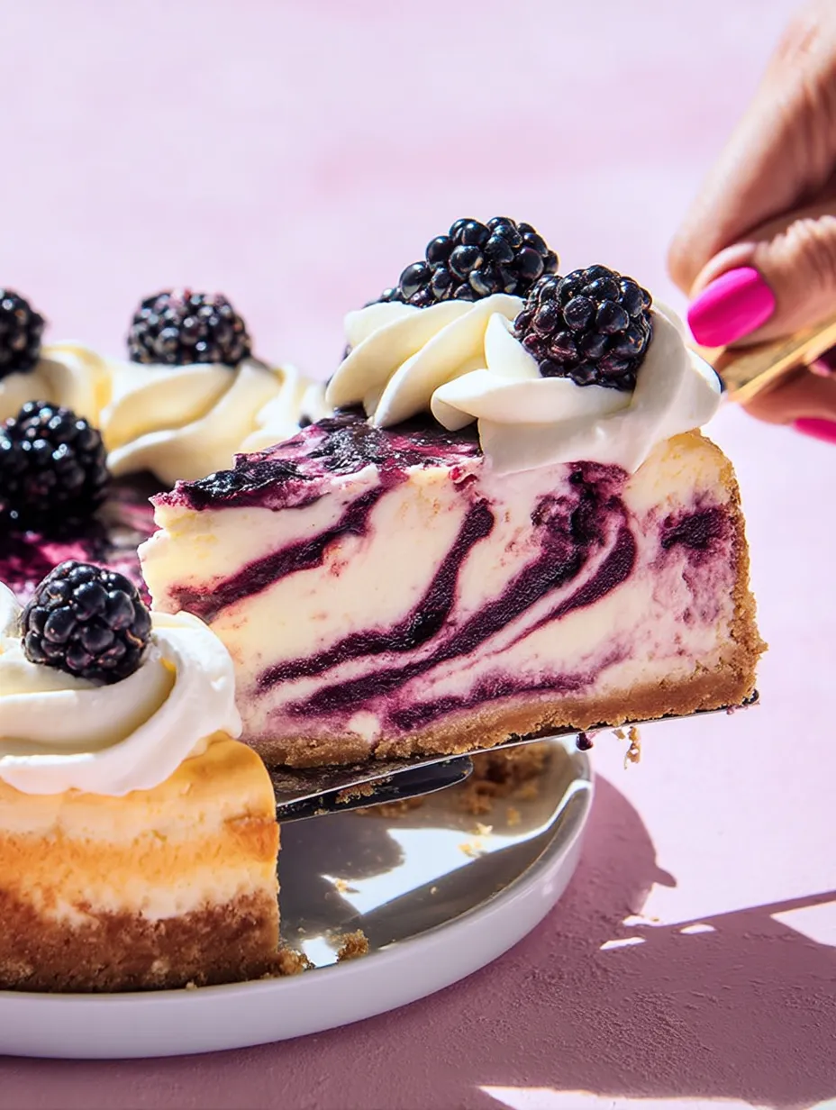 A piece of cake with plump blackberries on top.