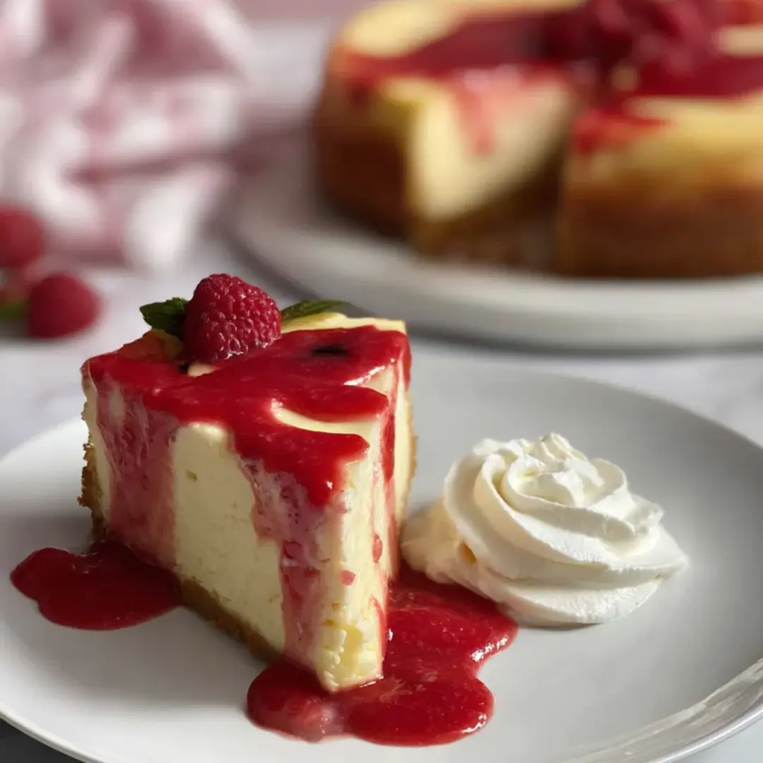 Cheesecake slice with whipped cream sitting on top.
