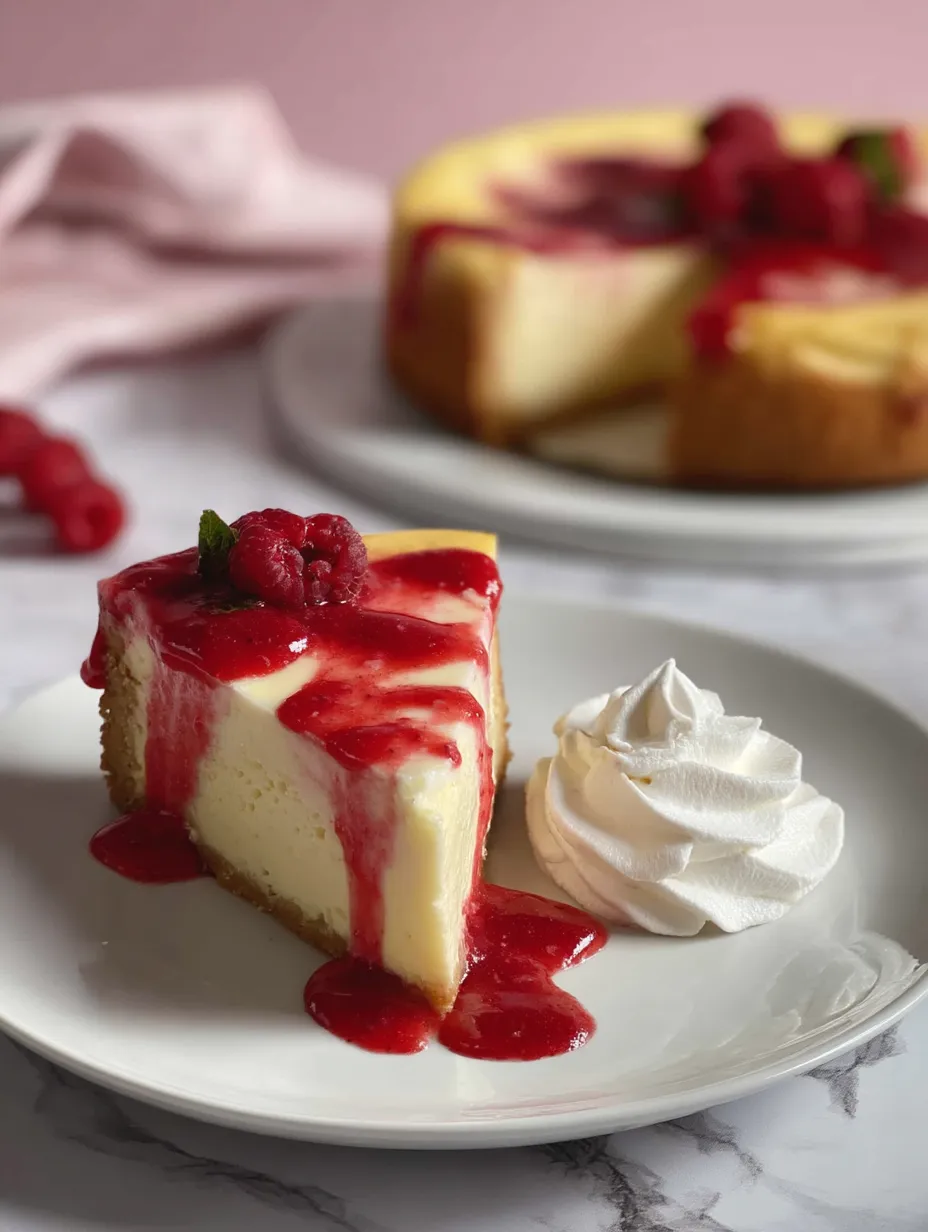 A slice of cheesecake with raspberry sauce.