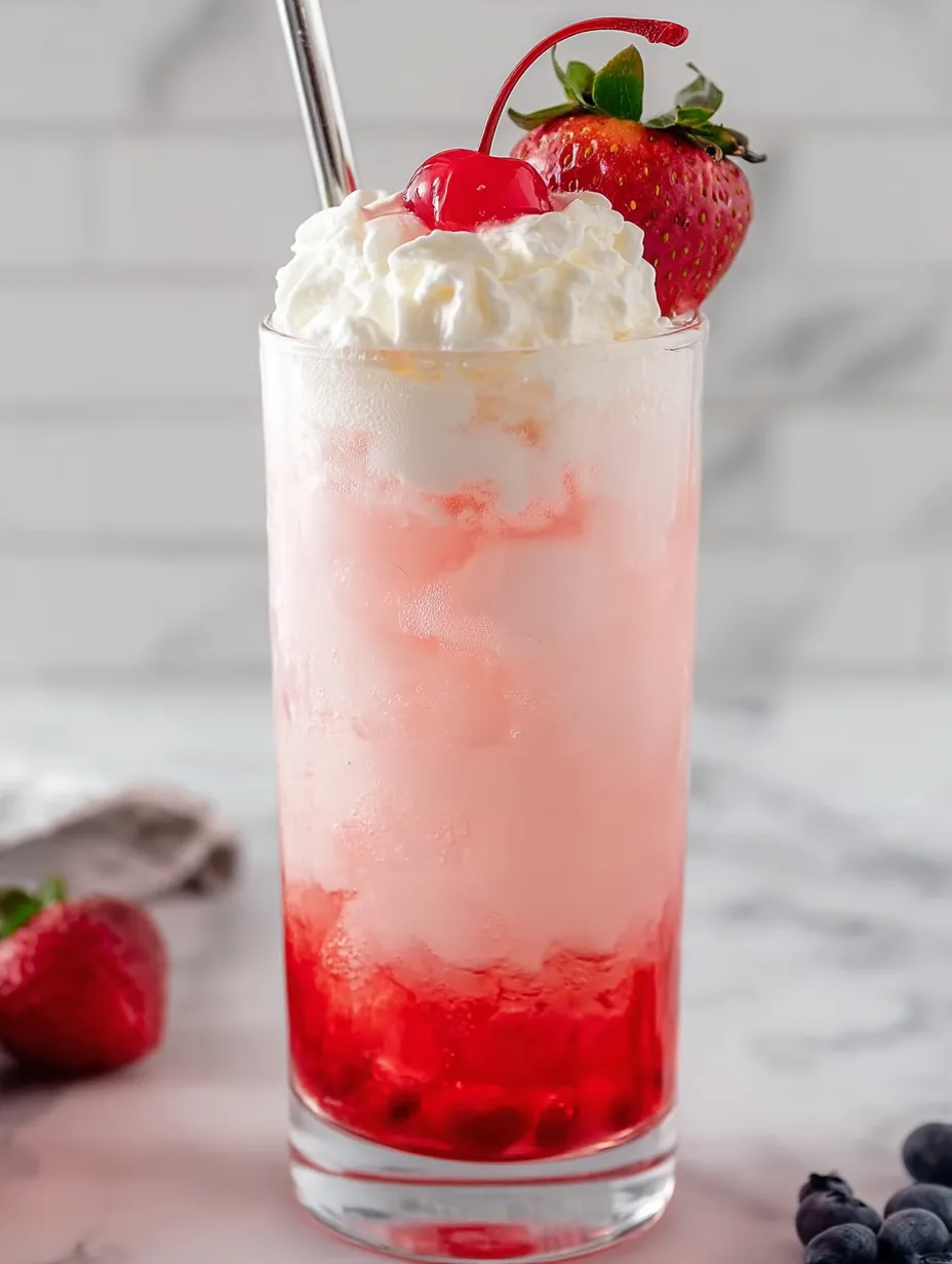 A glass of pink drink with strawberries.