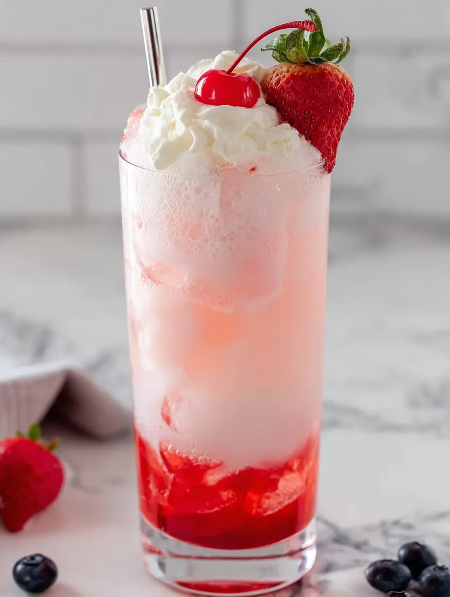 A glass of pink drink with strawberries.