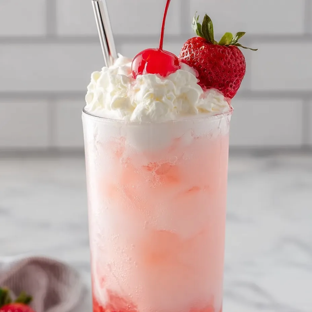 Tall glass filled with pink soda and topped with a cherry.