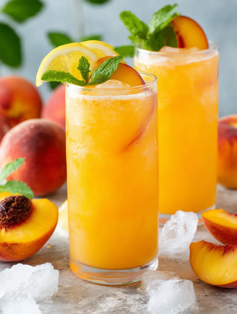 Two glasses full of peachy lemonade sitting with a fresh peach behind them.