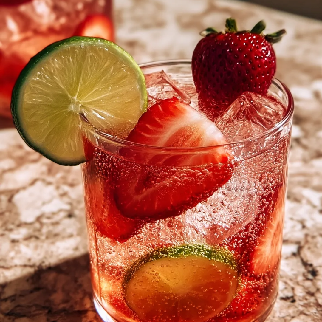 A glass filled with a red fizzy drink, strawberries, and lime slices.