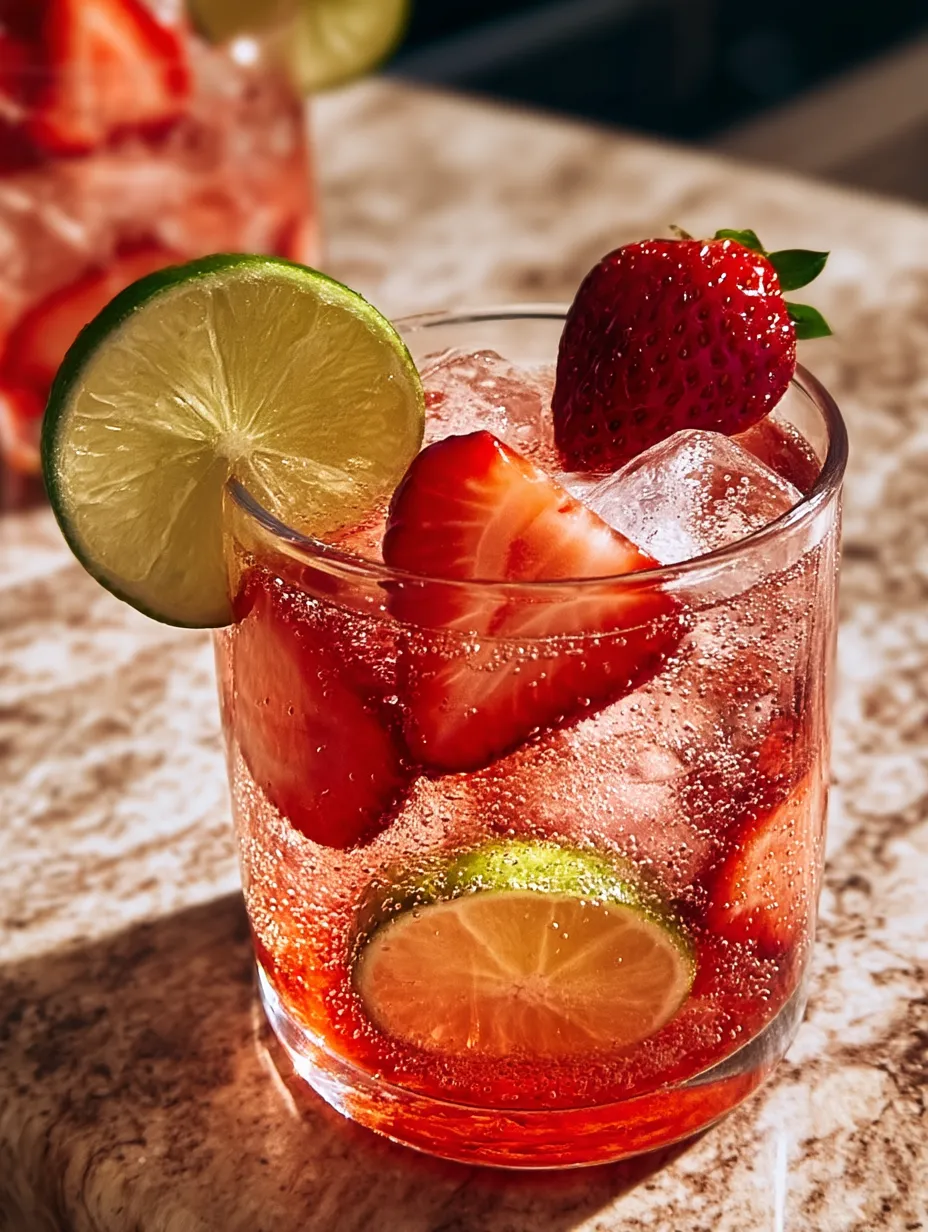 A glass of pink drink with strawberries and limes.