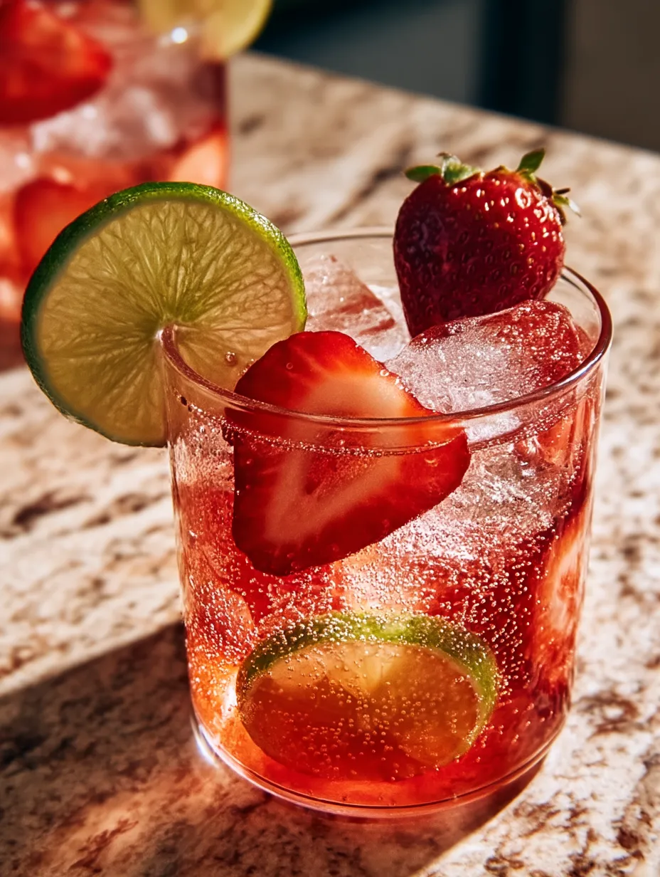 A glass of red drink with strawberries and limes.